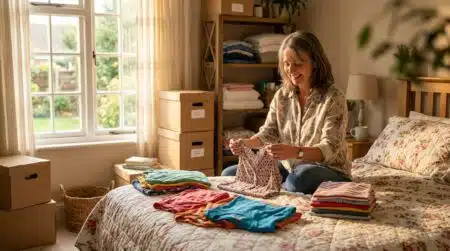 Femme souriante pliant des vêtements d'été sur un lit