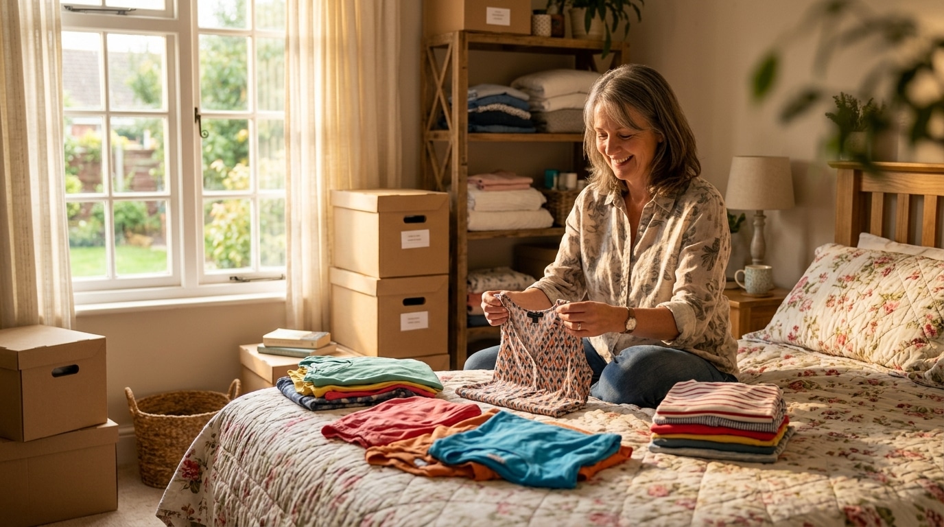Femme souriante pliant des vêtements d'été sur un lit
