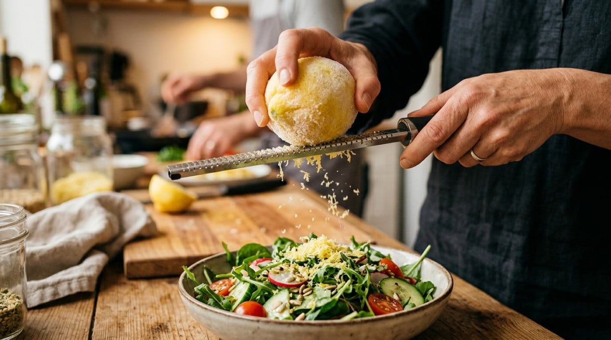 Râpage d'un citron congelé entier au-dessus d'une salade