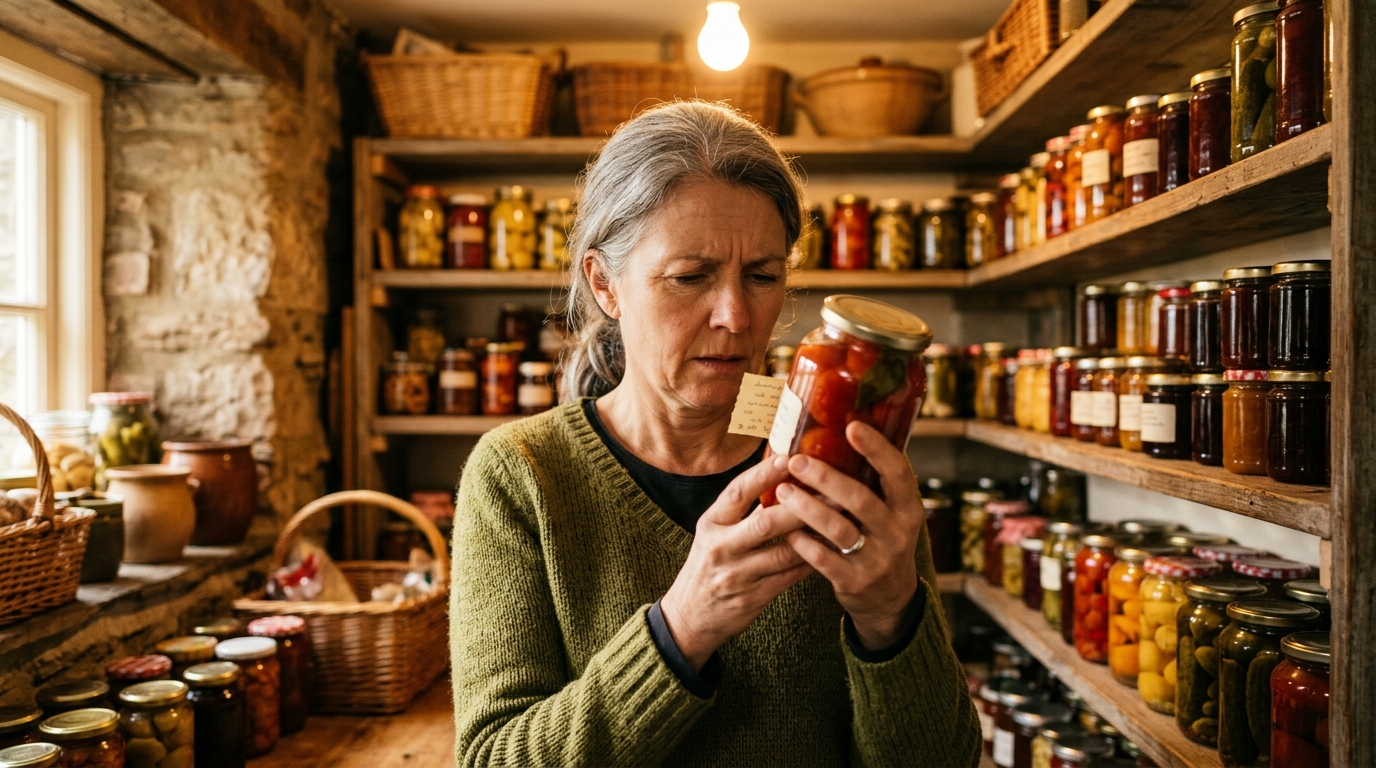 Femme vérifiant l'étiquette d'un bocal de tomates en conserve