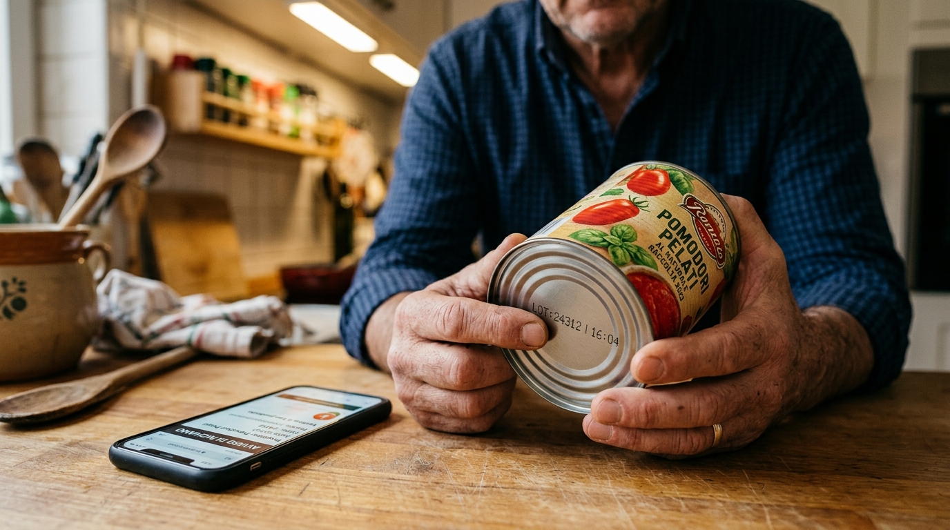 Main vérifiant le numéro de lot sur une boîte de conserve