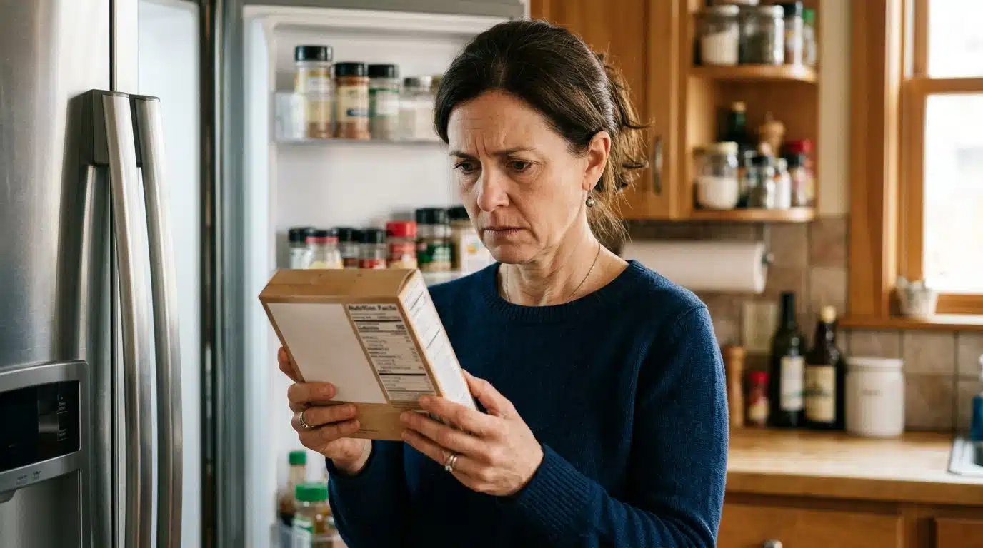 Femme inquiète vérifiant une étiquette alimentaire