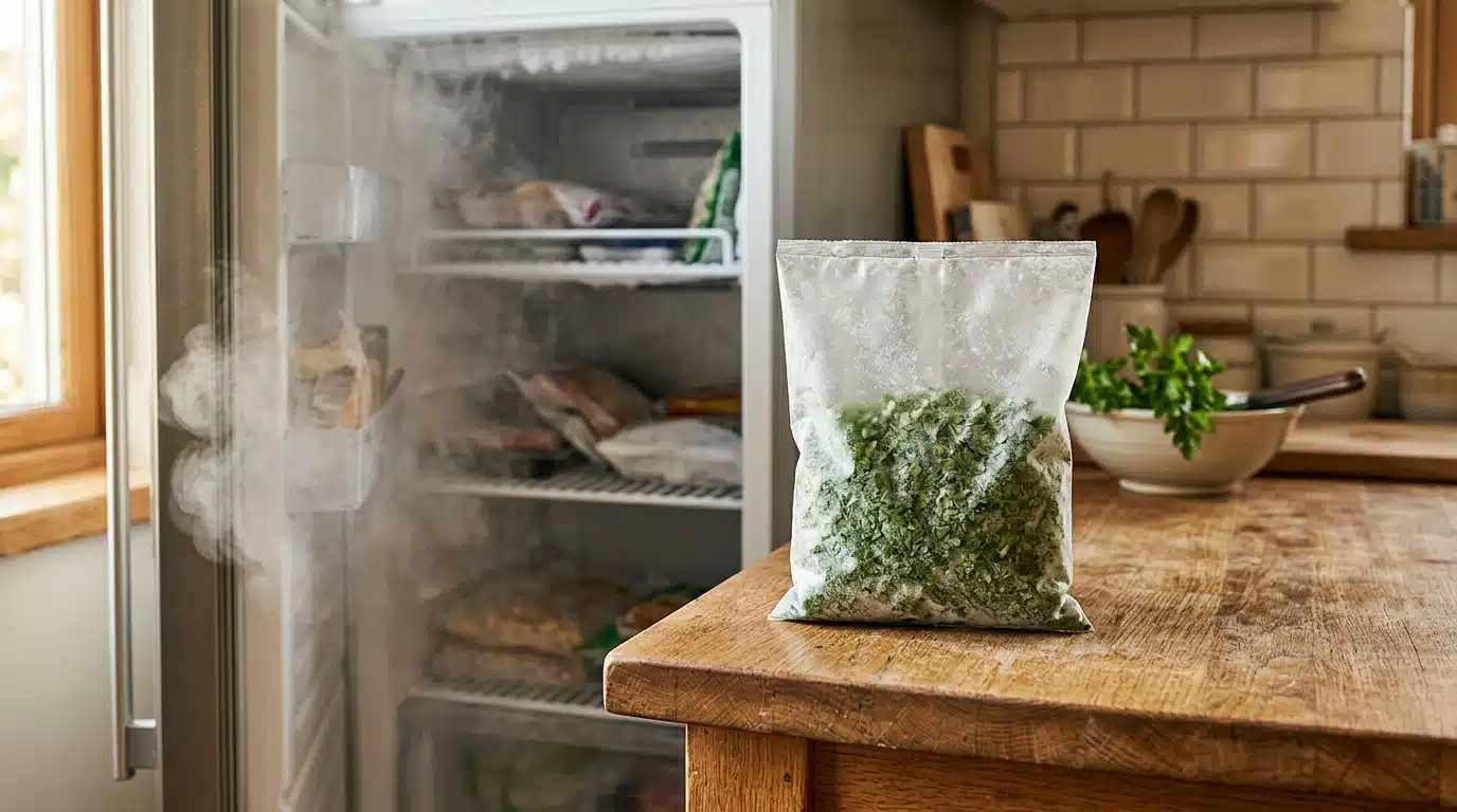 Sachet de persil surgelé sorti d'un congélateur