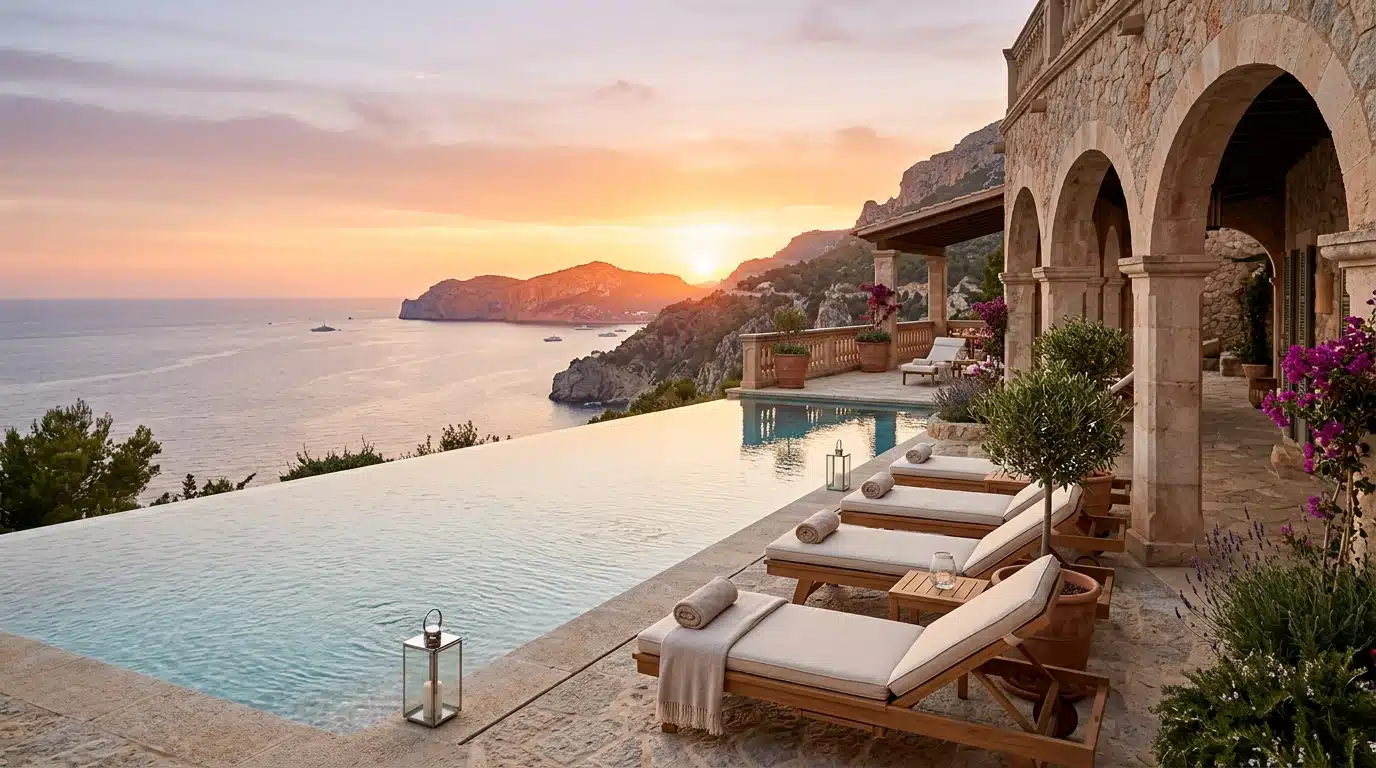 Piscine à débordement face au coucher de soleil méditerranéen
