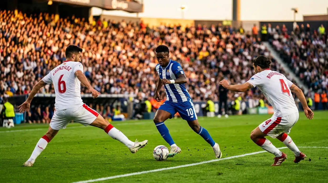 Rayan Cherki dribble deux défenseurs sur le terrain