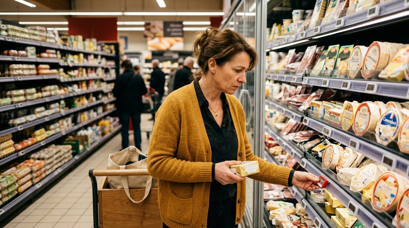Femme regardant les prix de la viande au supermarché
