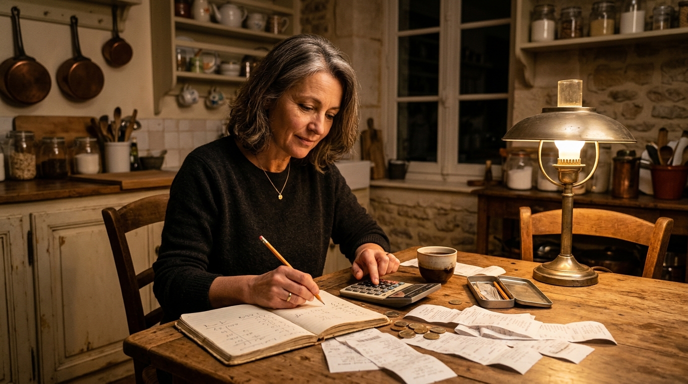 Femme calculant son budget courses à la maison