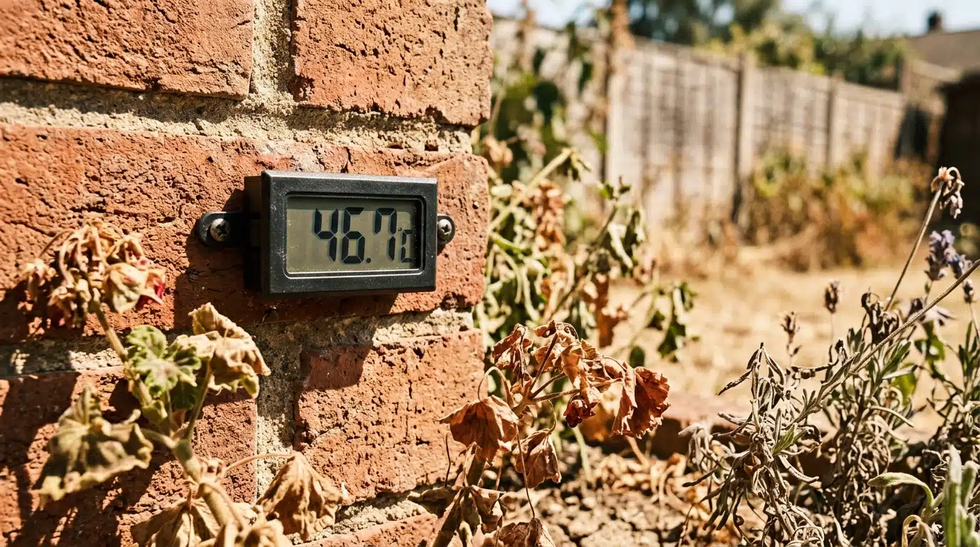 Jardin desséché sous une chaleur intense en septembre