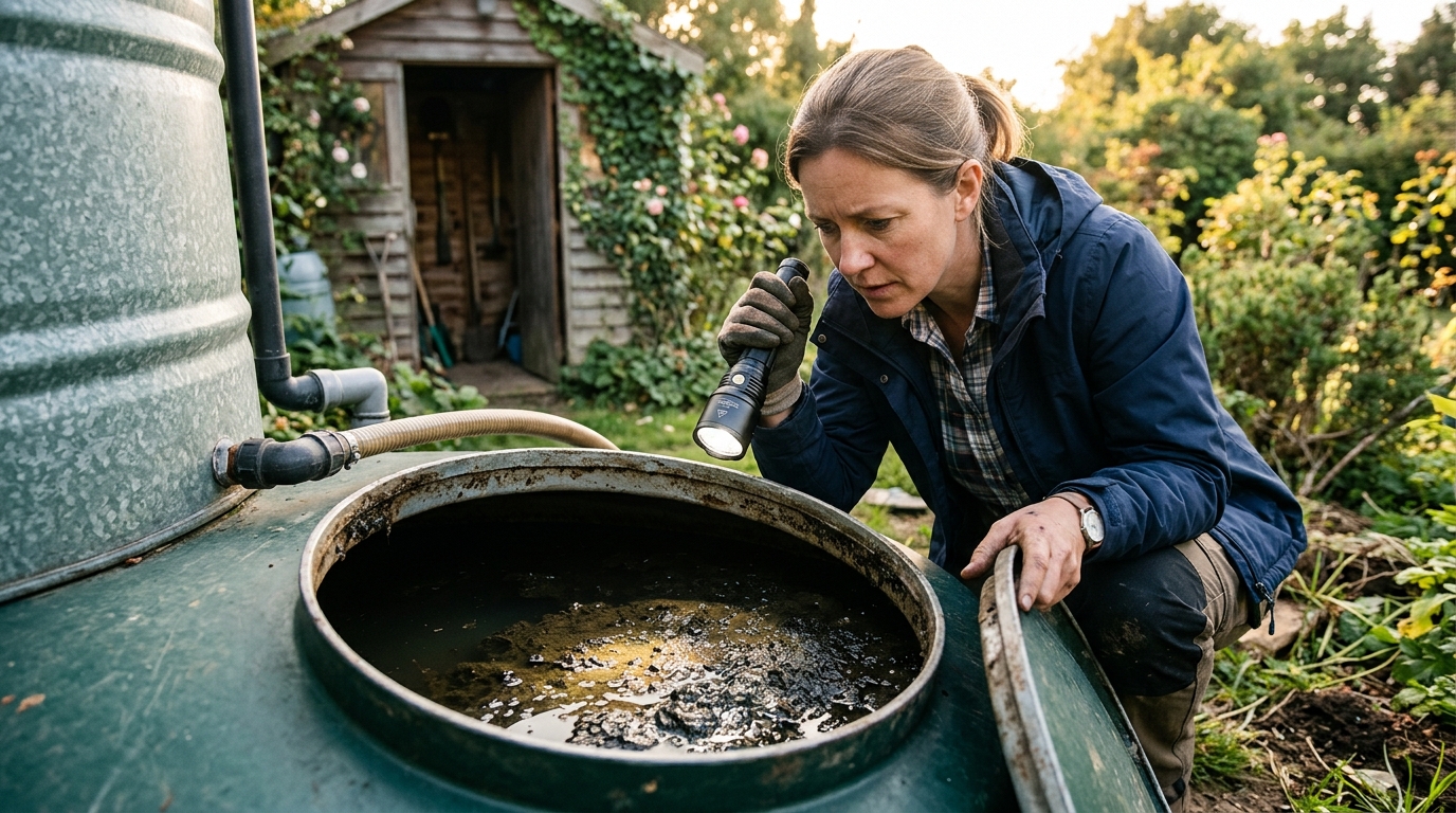 Femme inspectant le fond d'une cuve d'eau de pluie