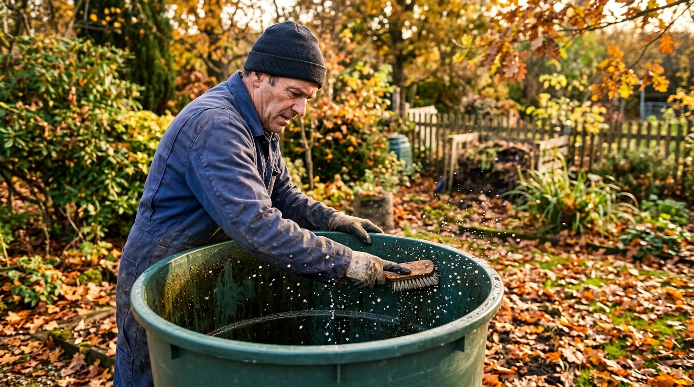 Homme brossant l'intérieur d'une cuve d'eau de pluie vide