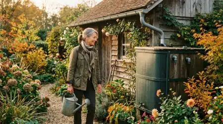 Femme souriante devant une cuve de récupération d'eau de pluie