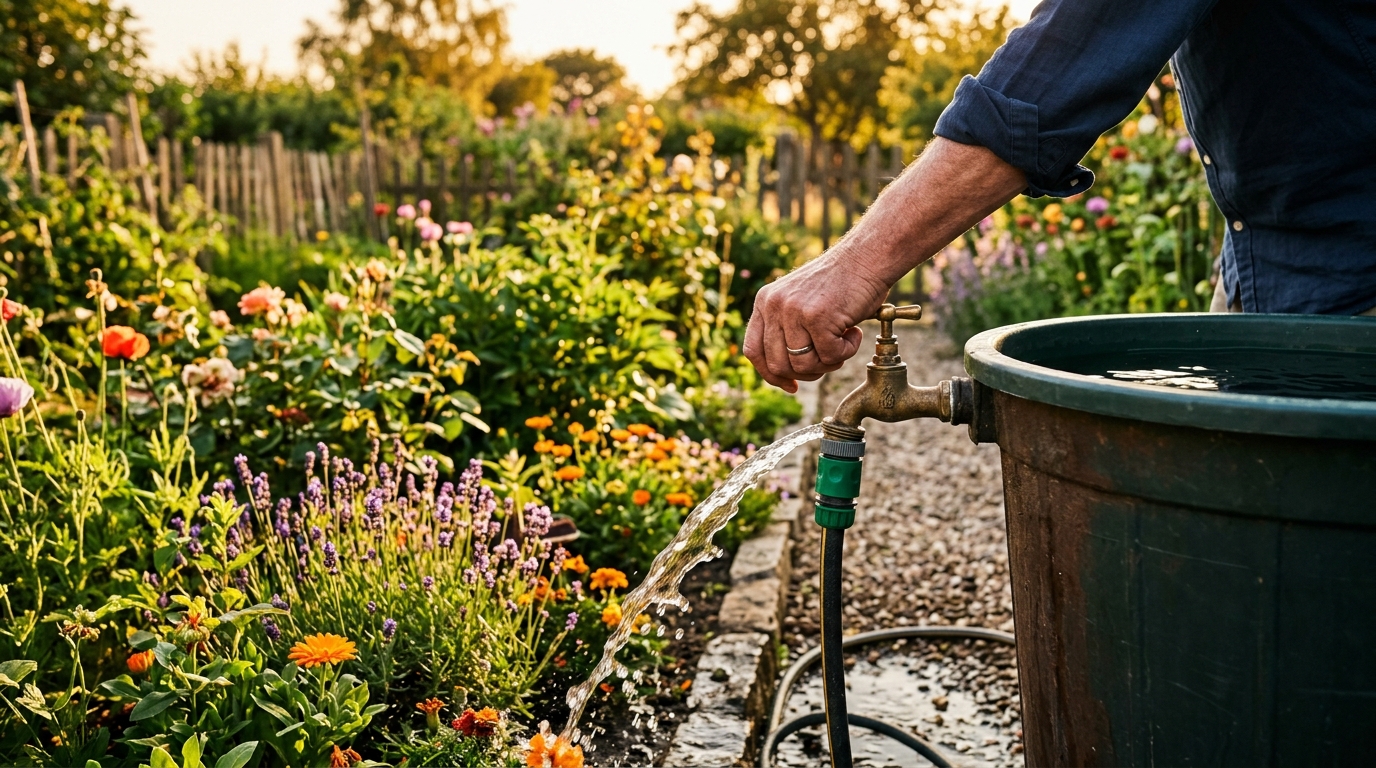 Robinet de cuve d'eau de pluie utilisé pour arroser le jardin