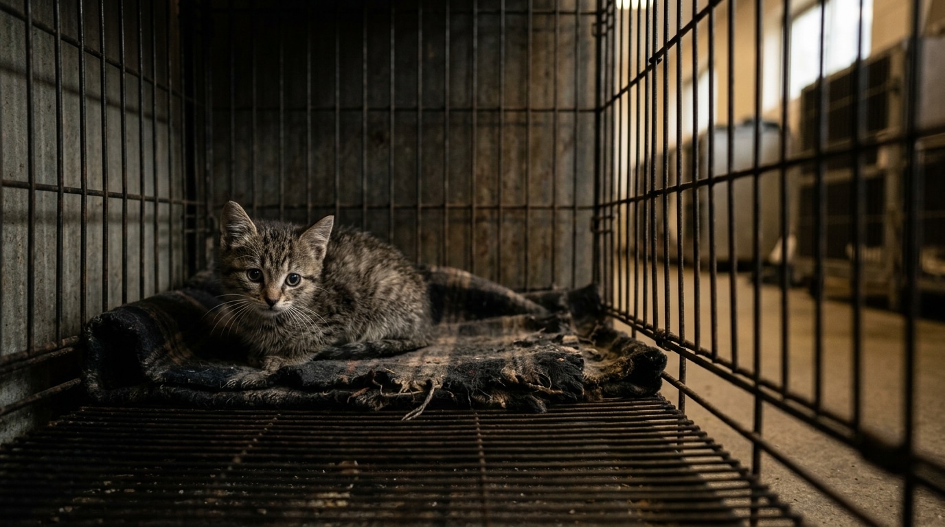 Chaton seul dans une cage de refuge vide
