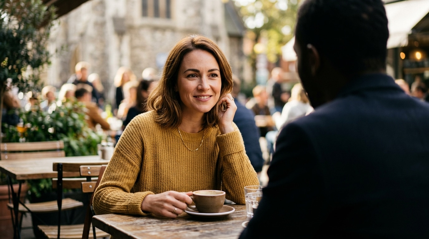 Femme au regard timide et curieux dans un café