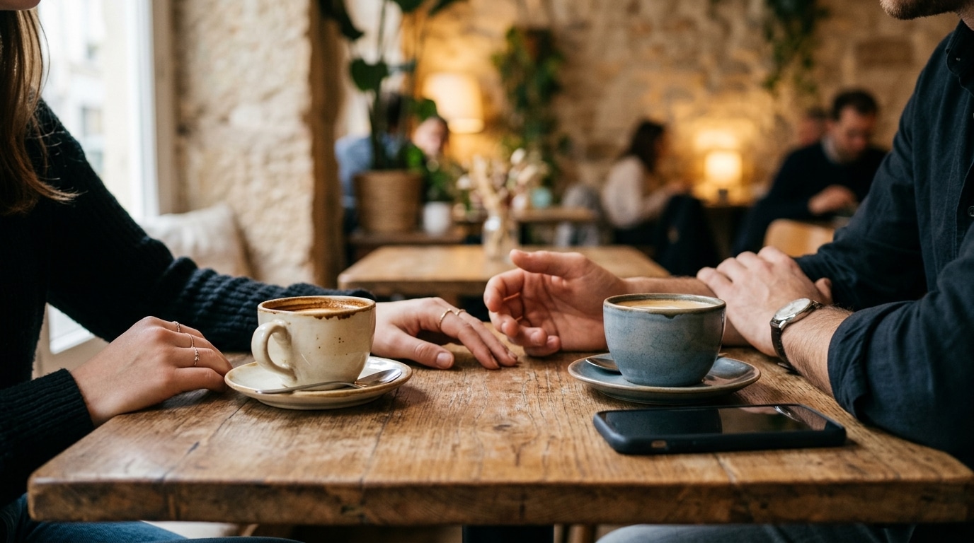 Deux tasses de café et smartphone posé face cachée