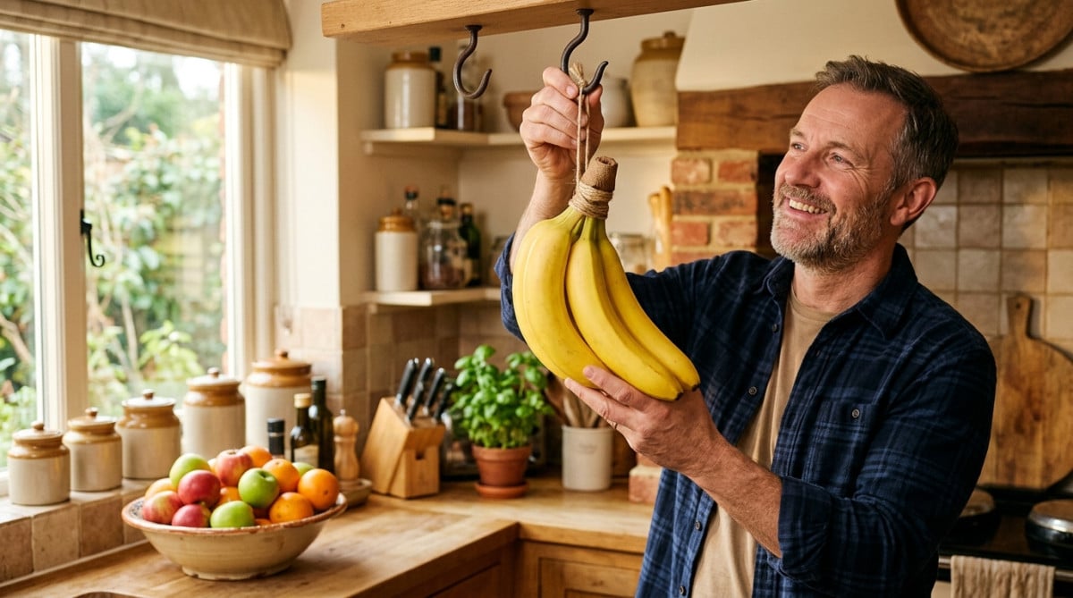 Régime de bananes suspendu à un crochet en cuisine