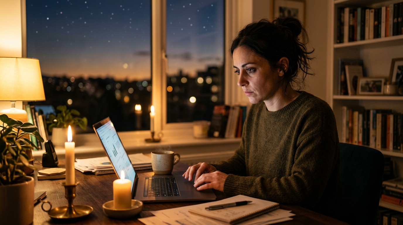 Femme travaillant tard le soir, épuisée mais déterminée