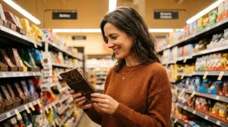 Femme choisissant une tablette de chocolat noir en supermarché
