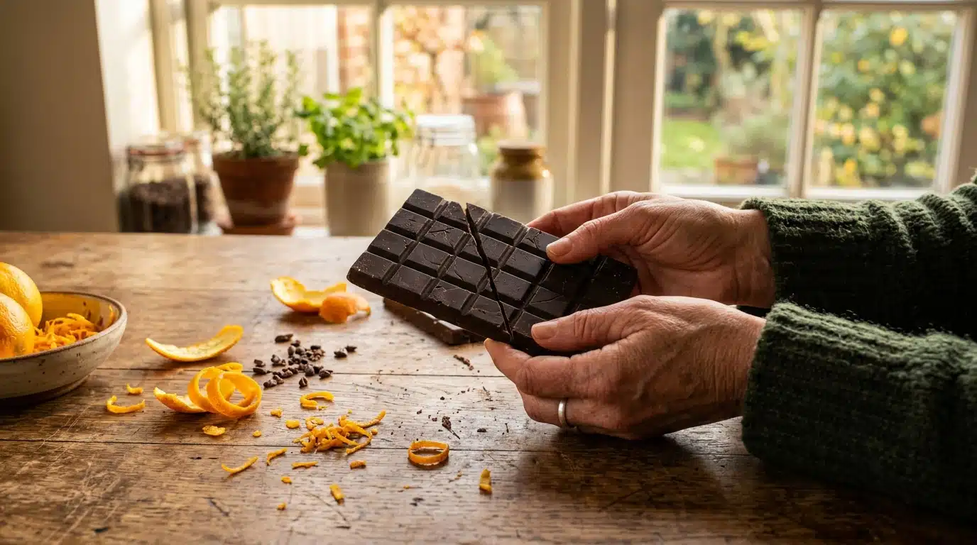 Tablette de chocolat noir aux éclats d'orange sur table en bois