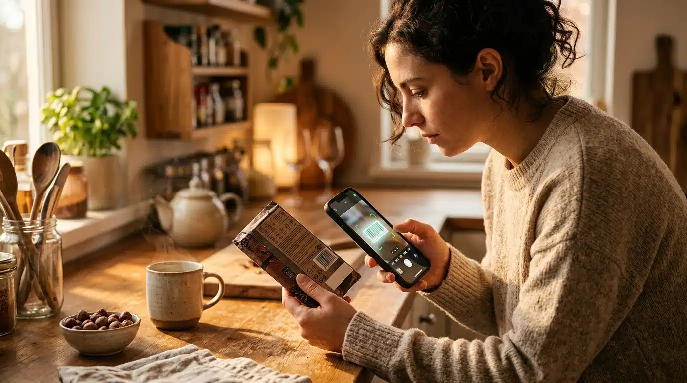Personne scannant une tablette de chocolat avec l'application Yuka