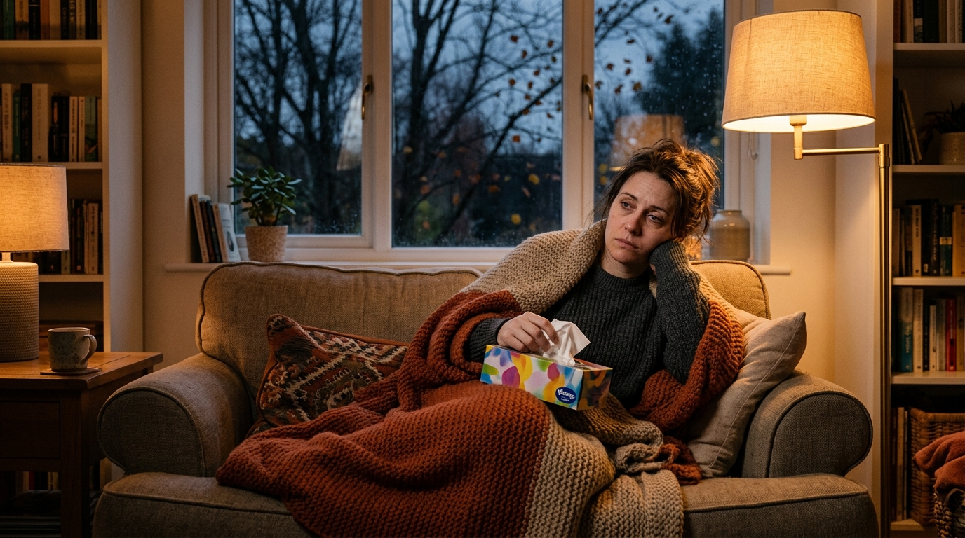 Femme fatiguée avec mouchoirs sur son canapé le soir