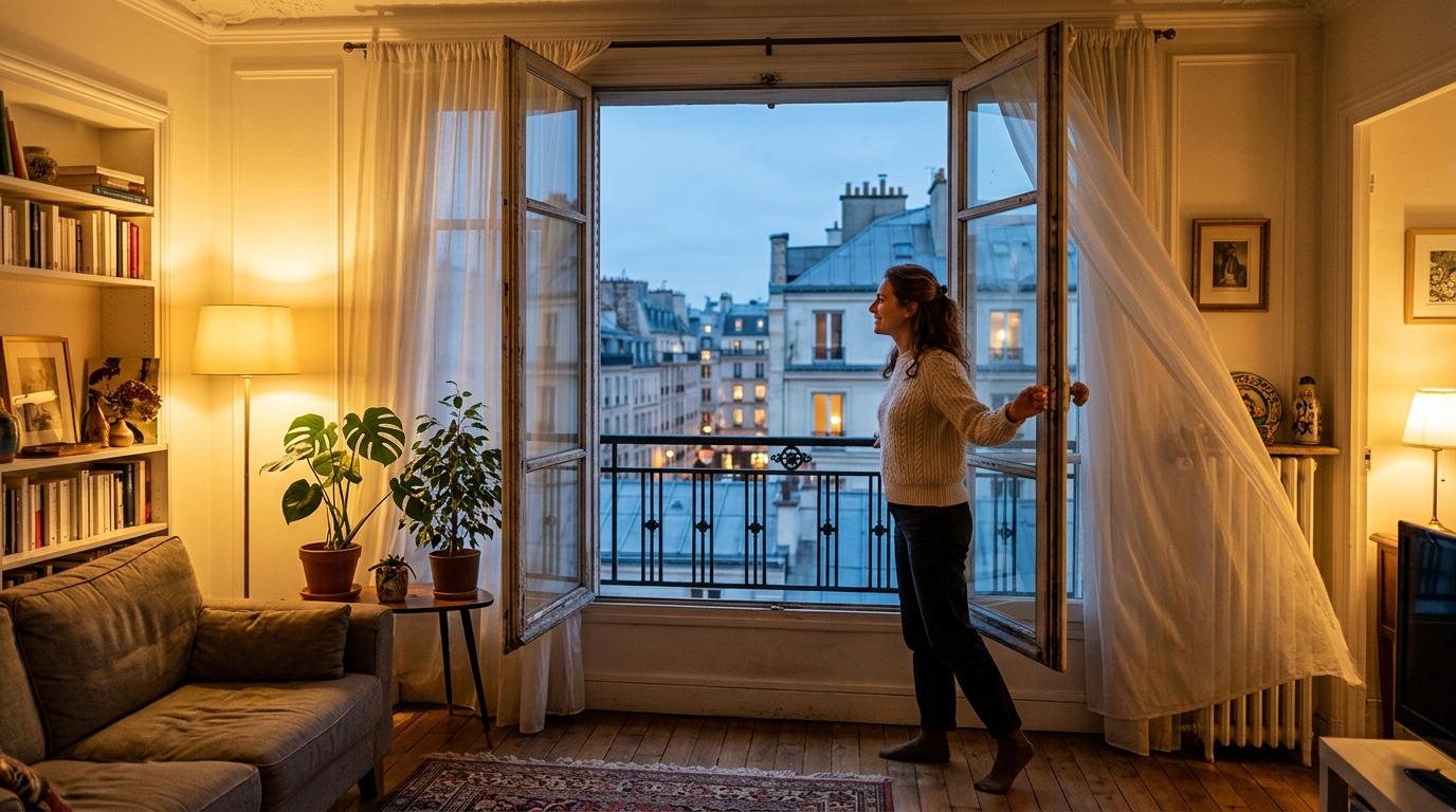 Femme aérant son salon en soirée avant le rhume