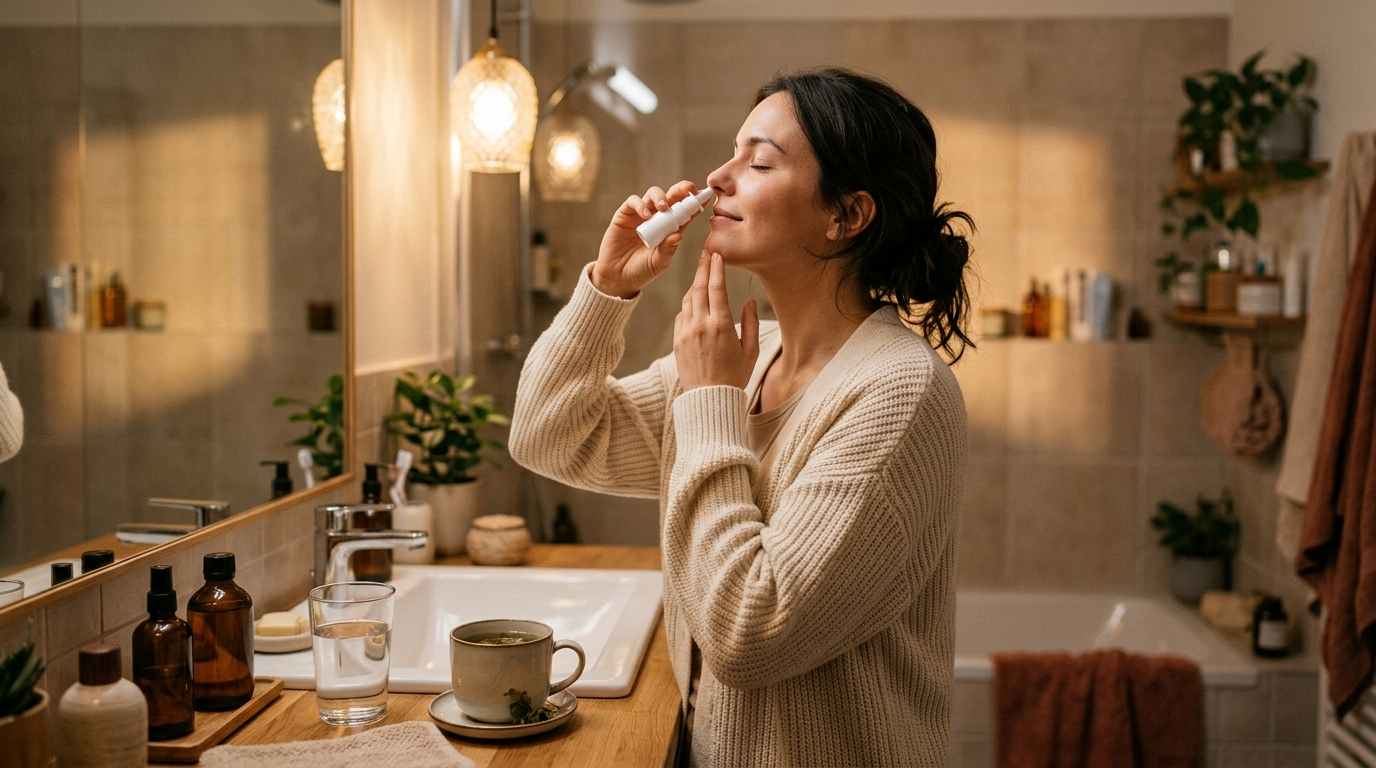 Personne effectuant un lavage de nez au sérum physiologique
