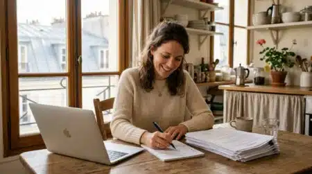 Femme souriante vérifie ses contrats à résilier en septembre