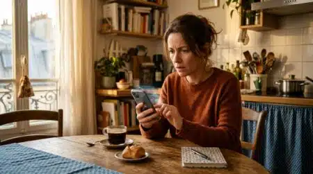 Femme vérifiant ses prélèvements bancaires sur smartphone