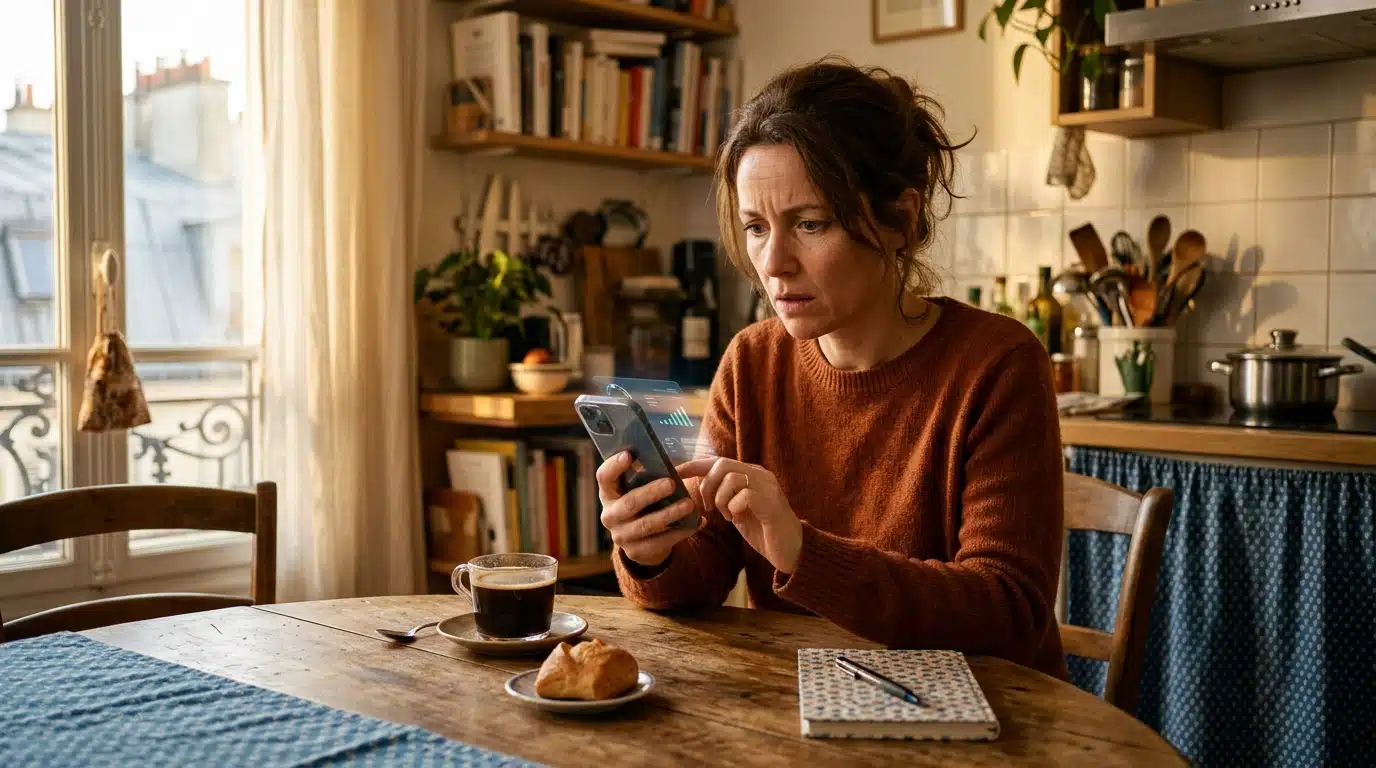 Femme vérifiant ses prélèvements bancaires sur smartphone