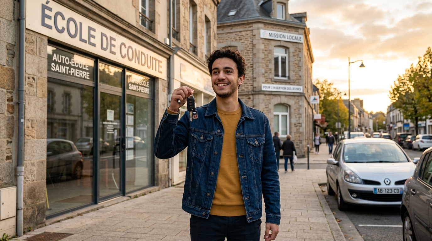 Jeune homme heureux après l'aide au permis de conduire