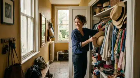 Mère souriante triant le placard de l'entrée à la rentrée
