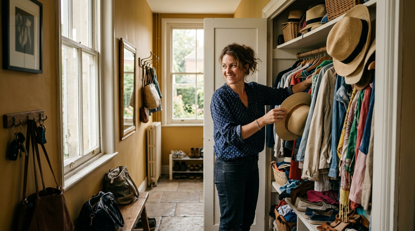 Mère souriante triant le placard de l'entrée à la rentrée