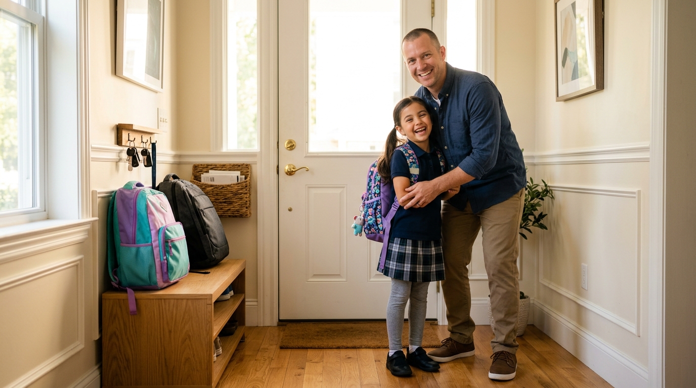 Père et fille souriants devant l'entrée rangée avant l'école