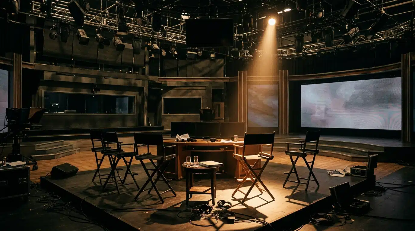 Plateau de télévision vide sous une lumière dramatique