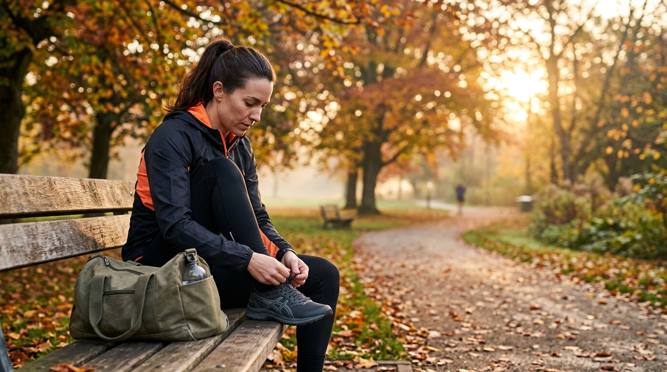 Femme qui attache ses baskets avant de courir à l'aube