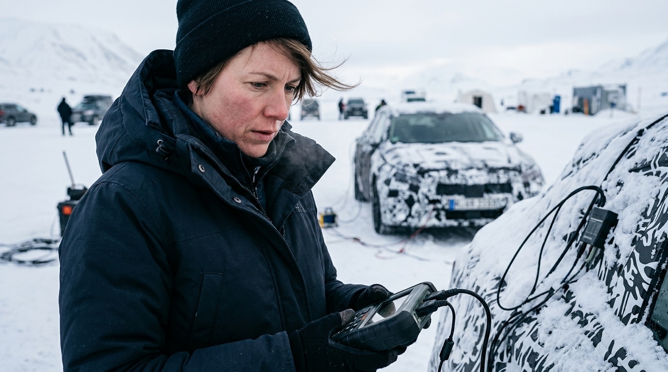 Ingénieur automobile concentré lors d'essais dans la neige