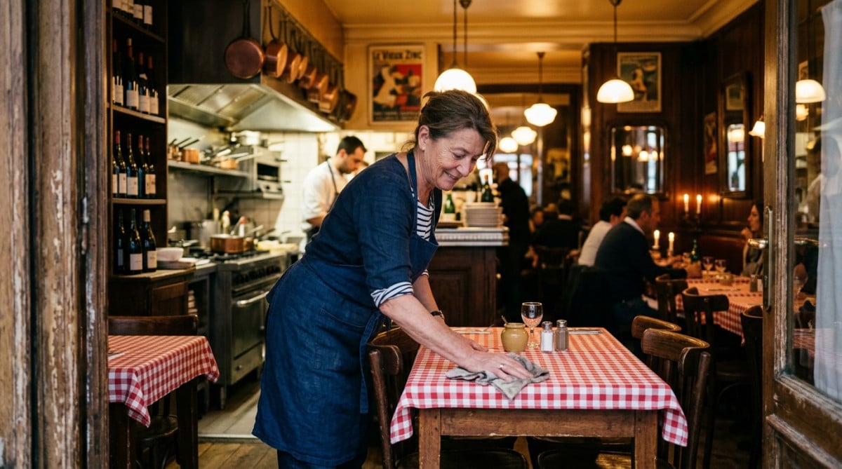 Restaurateur nettoyant une nappe à carreaux vichy