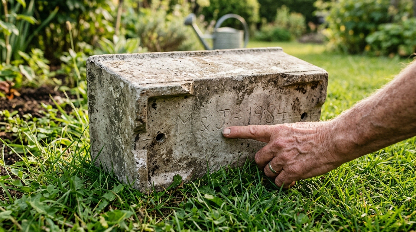 Jardinière grise en fibrociment retournée sur l'herbe