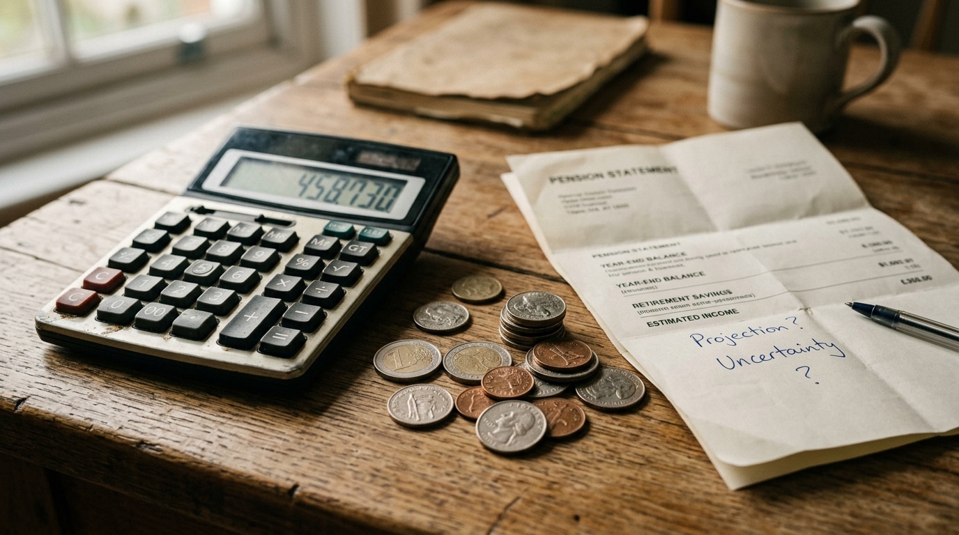 Calculatrice et pièces posées sur un relevé de pension