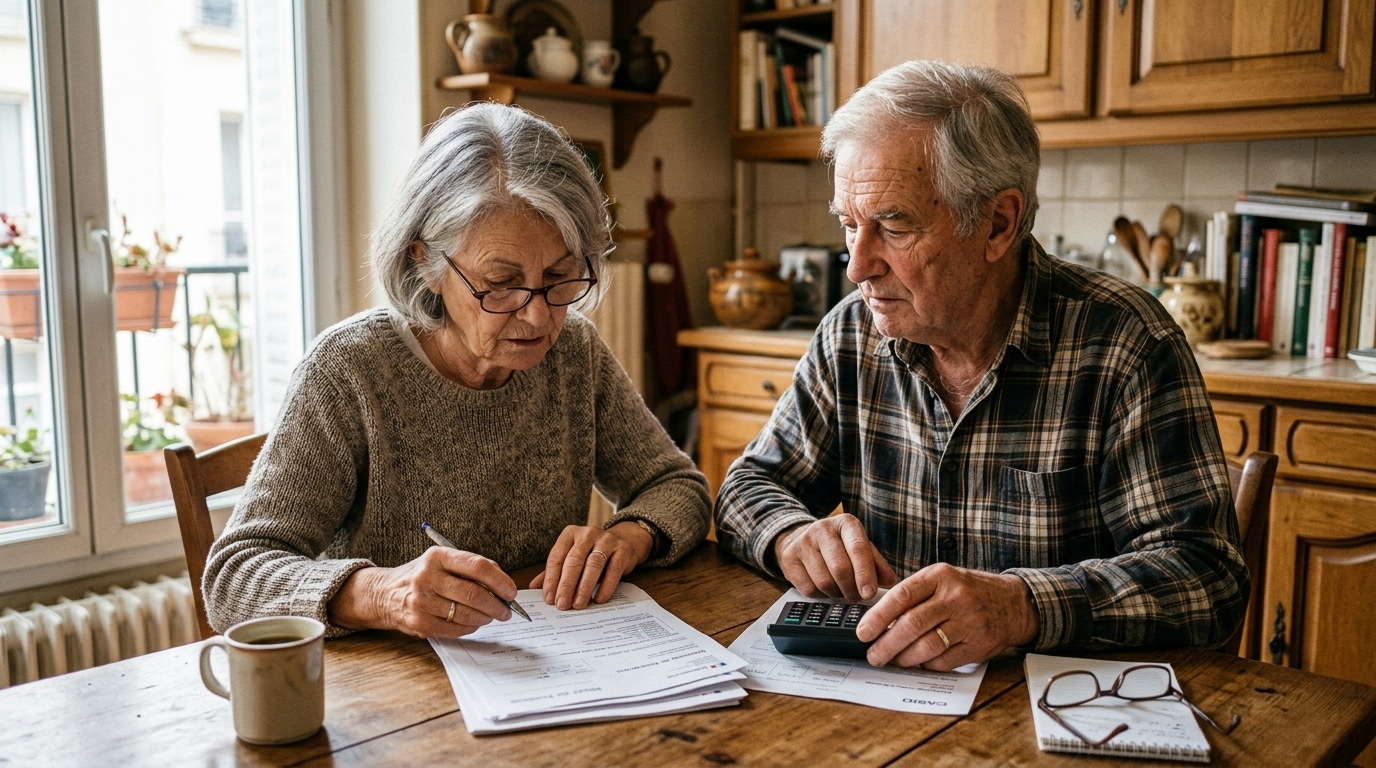 Couple senior consultant des documents de retraite