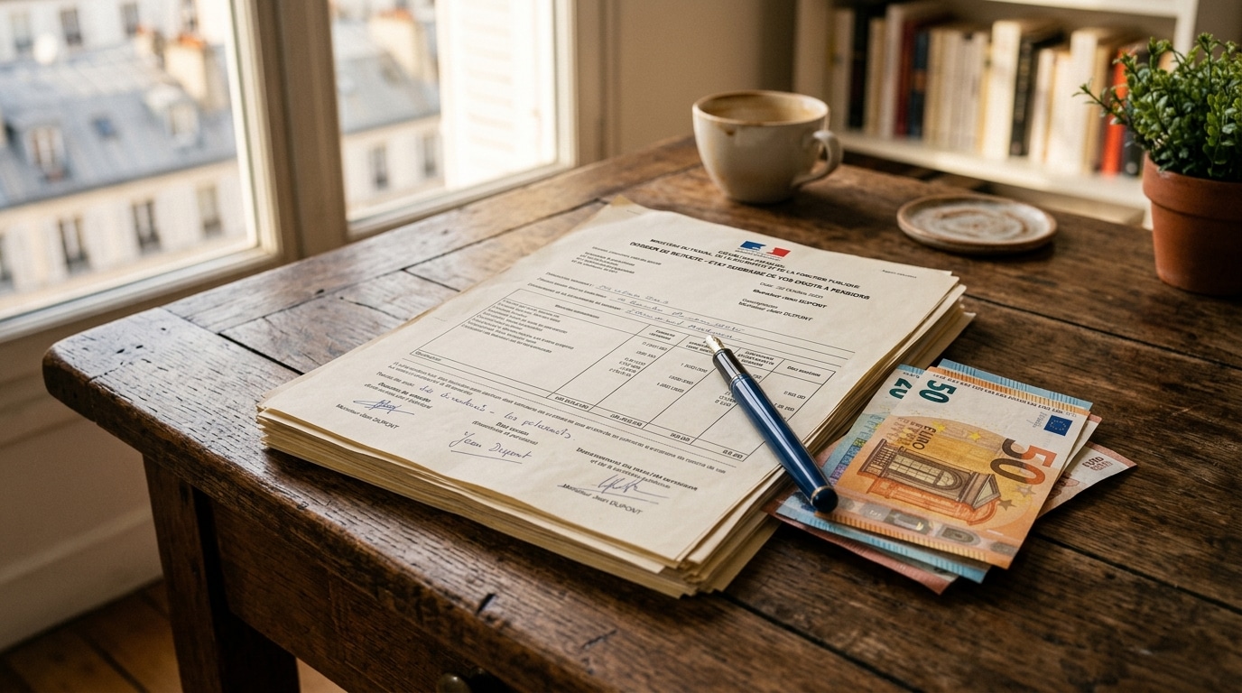 Documents de pension et billets en euros sur bureau