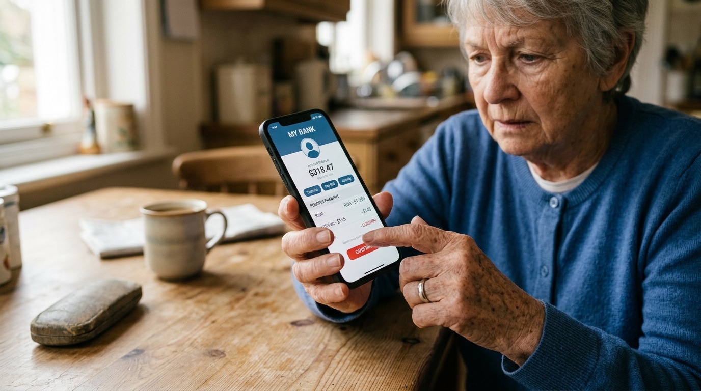 Retraité consultant son compte bancaire sur smartphone