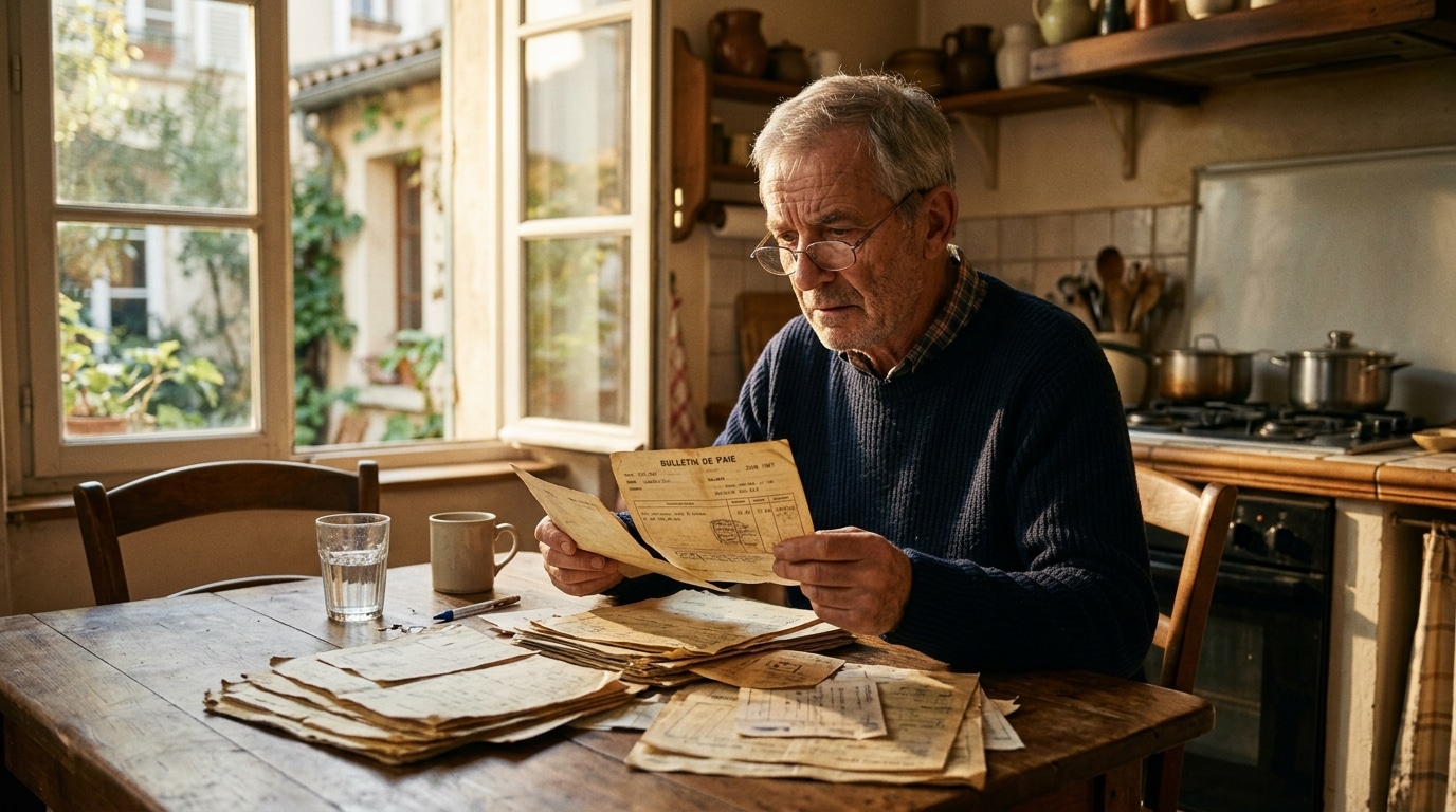 Retraité consultant ses anciens documents administratifs à la maison