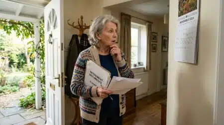 Femme senior tenant des documents de retraite devant sa porte