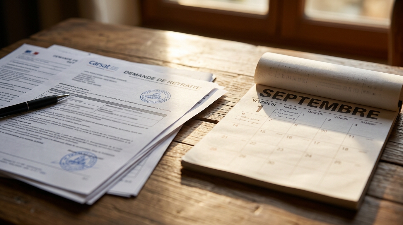 Calendrier de septembre posé sur un dossier de retraite
