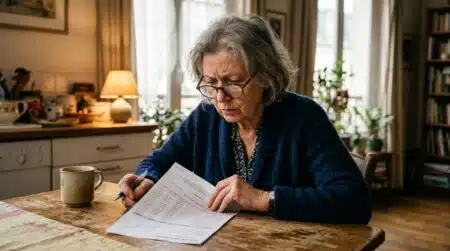 Retraité examinant un relevé bancaire avec inquiétude