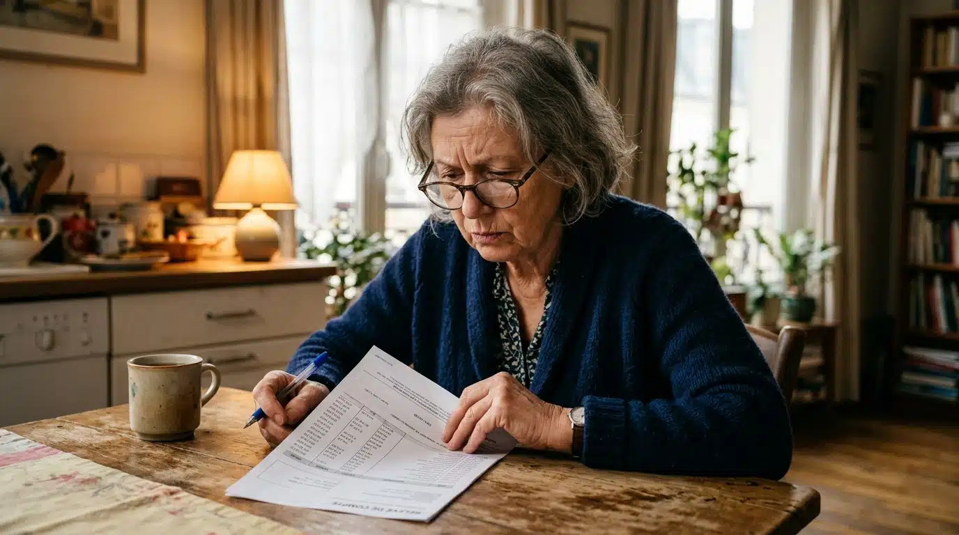 Retraité examinant un relevé bancaire avec inquiétude