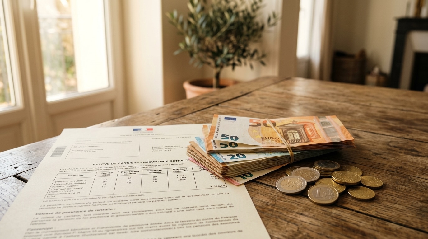 Billets et pièces d'euros posés sur un document de pension
