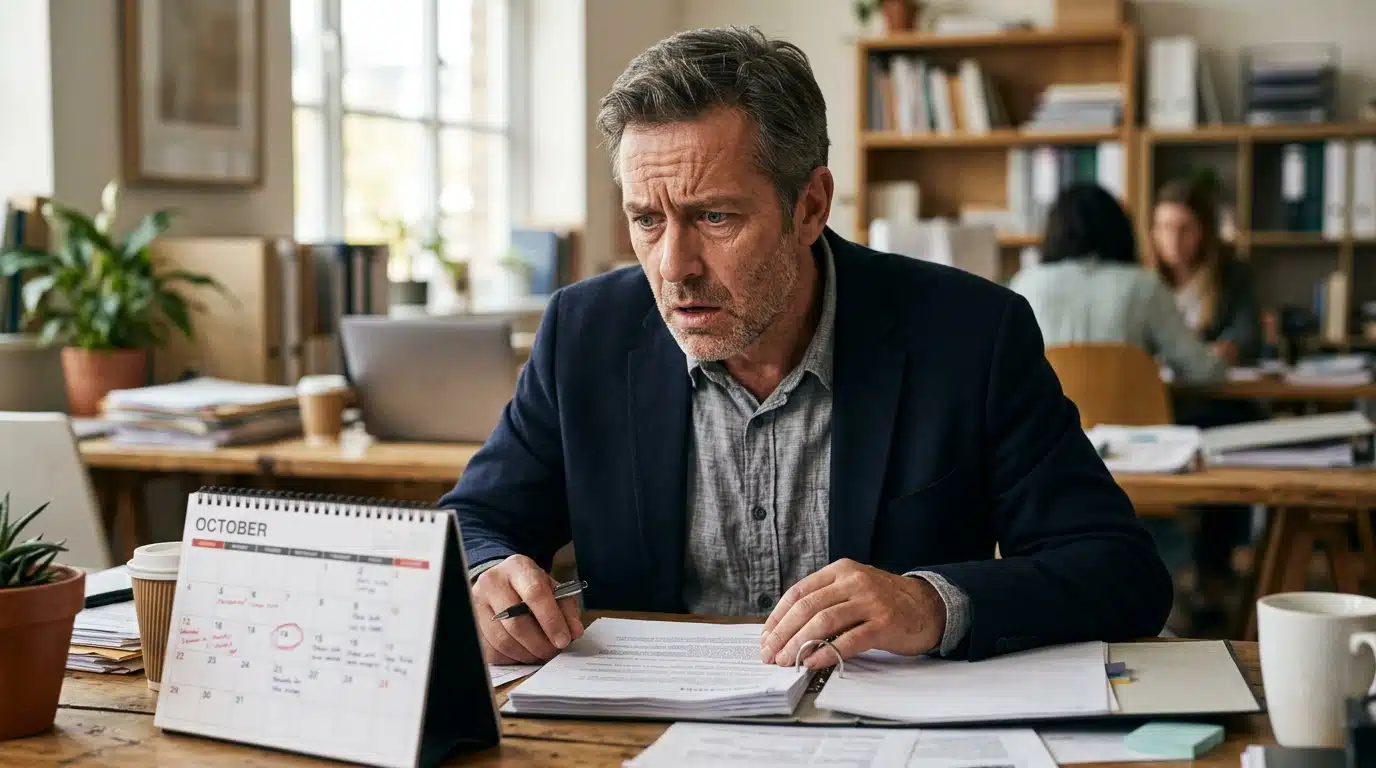 Employé inquiet consultant un calendrier de départ retraite